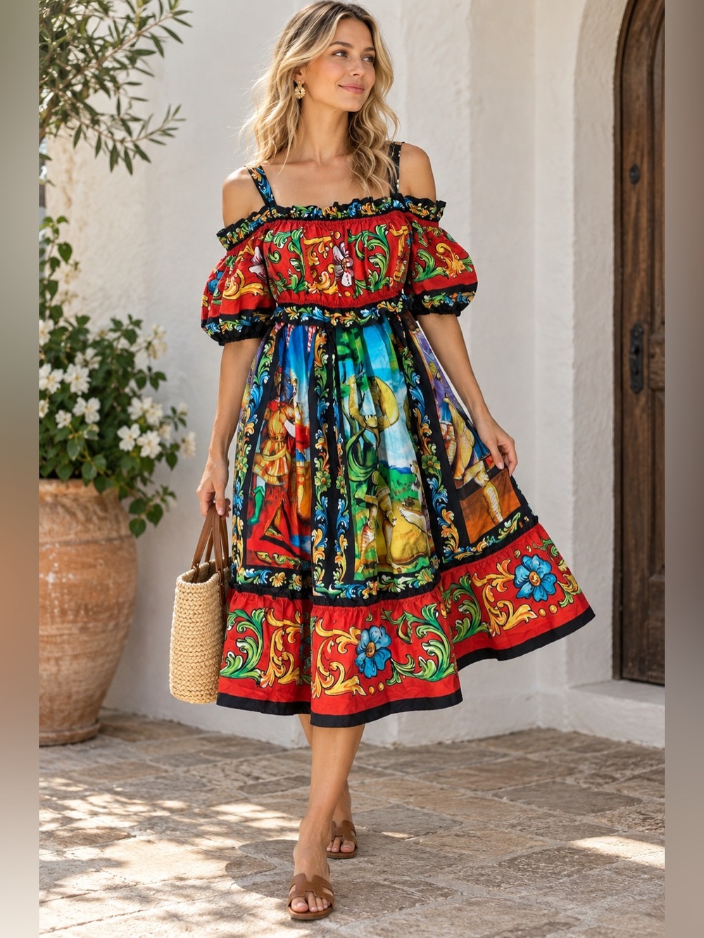 Dolce & Gabbana Sicilian Carretto Off Shoulder Cotton Midi Dress IT 40 - Picture 1 of 11